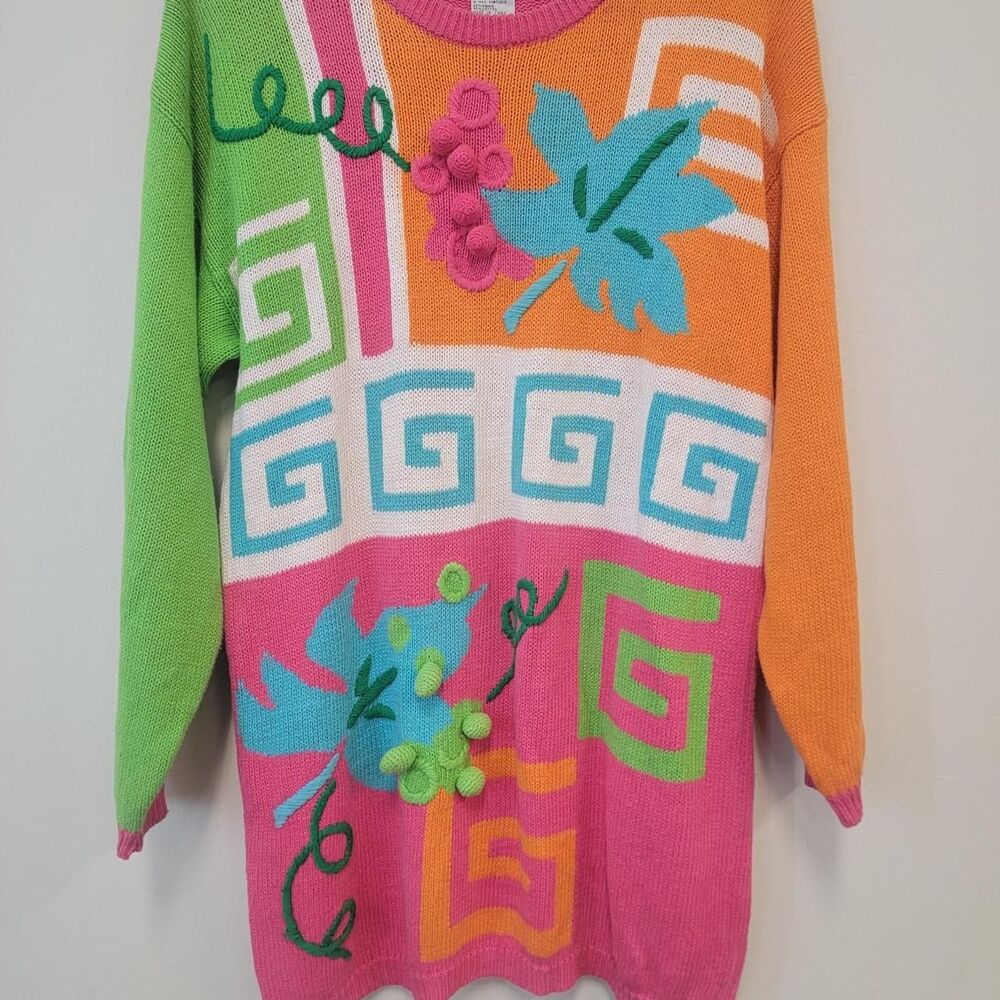 Santoria 90s Vintage Colorblock Floral Knit Sweater Pink Size S
